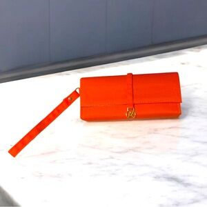 Vibrant Orange Leather Wristlet Clutch with Gold Accents